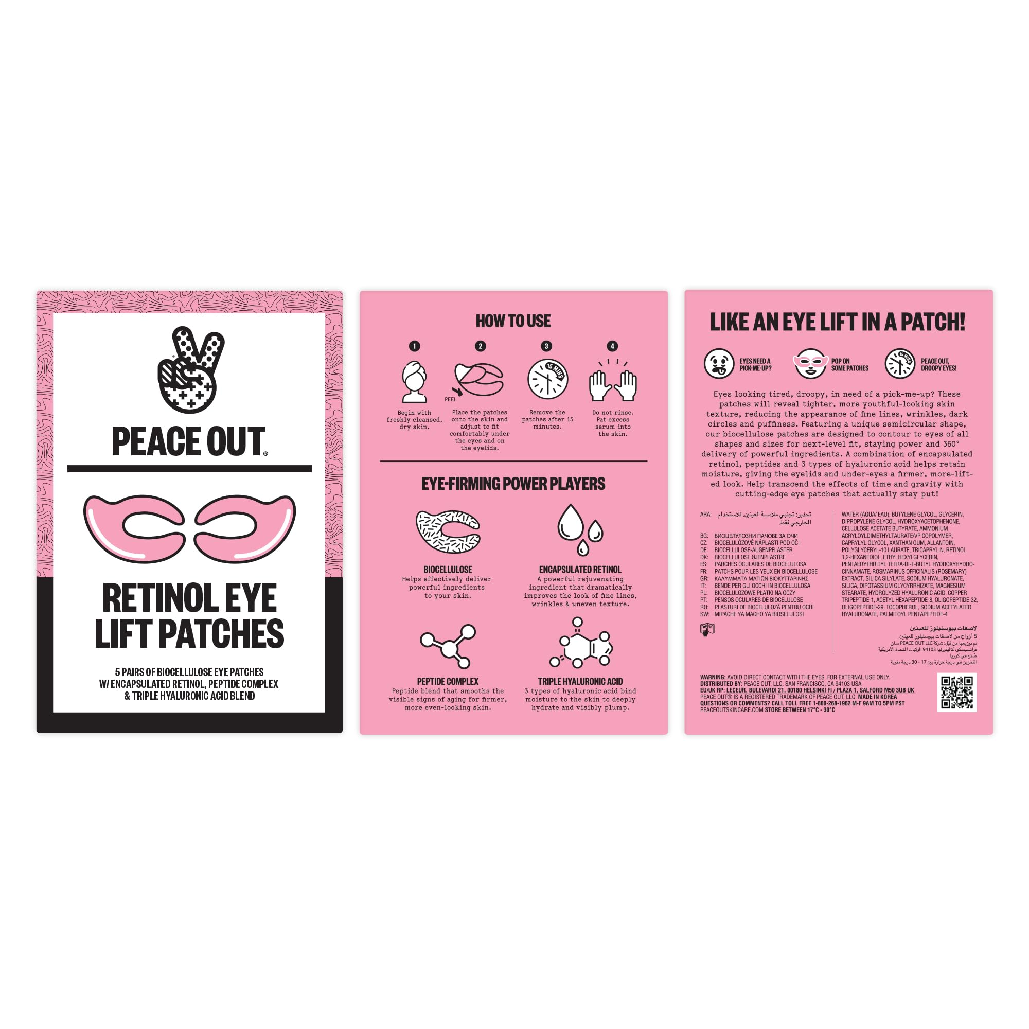 PEACE OUT Retinol Eye Lift Patches applied to the eye area for a refreshed look.