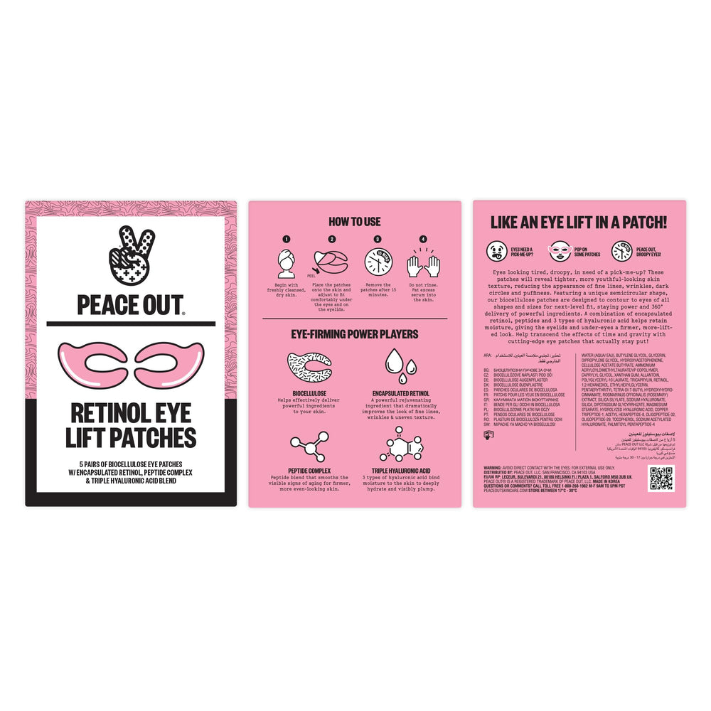 PEACE OUT Retinol Eye Lift Patches applied to the eye area for a refreshed look.