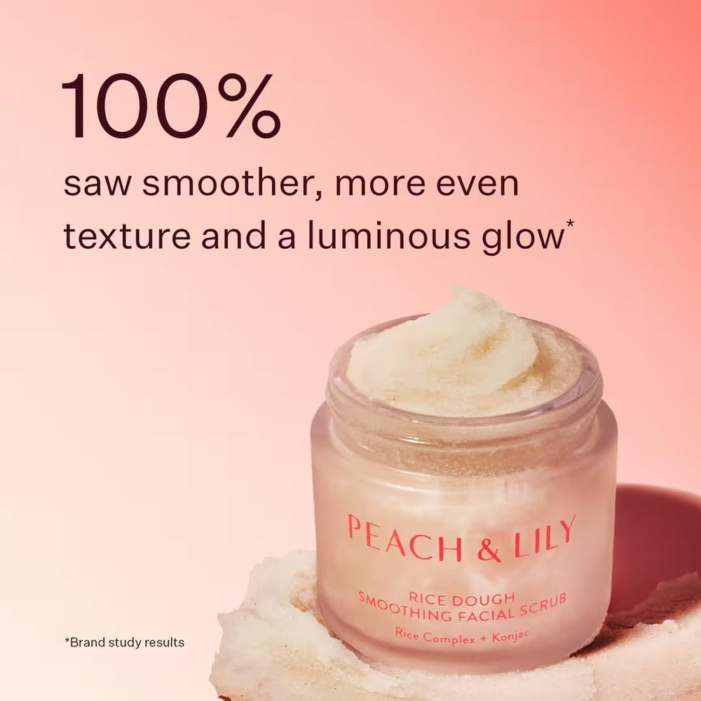 Applying Peach & Lily Rice Dough Scrub in circular motions on damp skin
