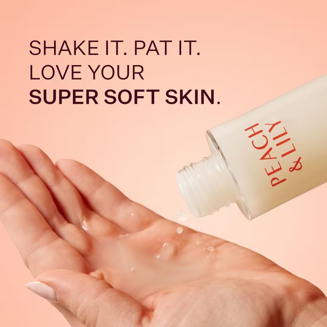 Bottle and application scene of Peach & Lily Bio Rice Wine Toner