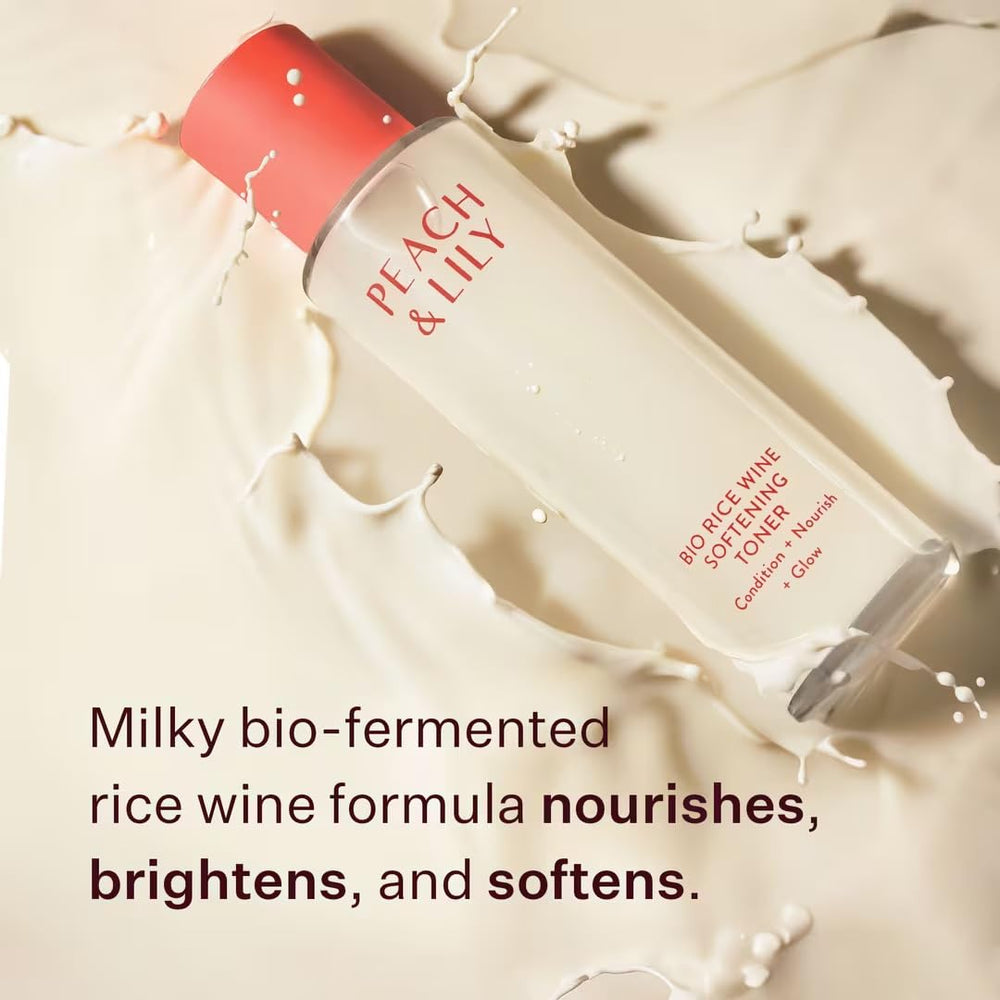 Close-up of milky texture of Peach & Lily Bio Rice Wine Toner for soft skin