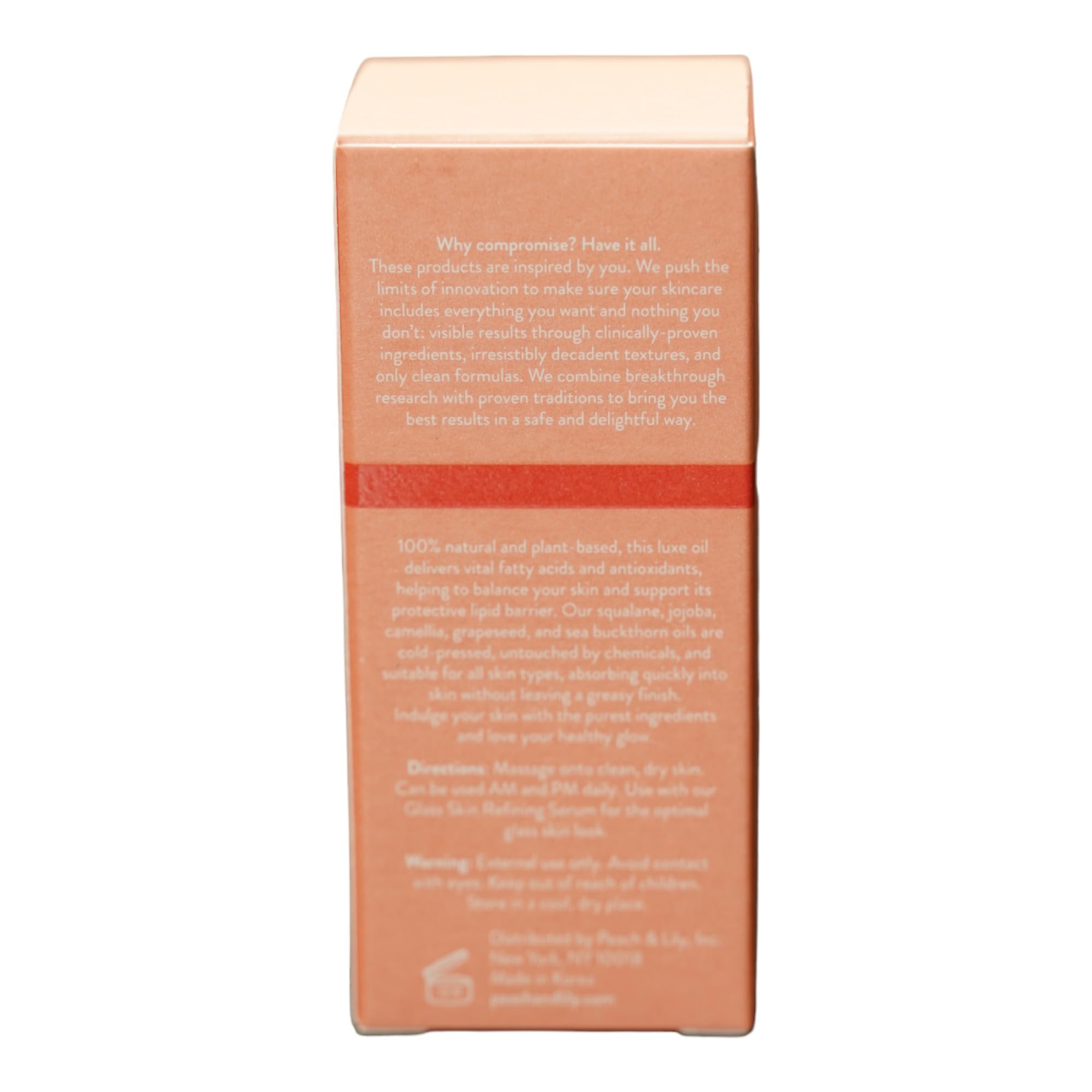 Peach & Lily Pure Beam Luxe Oil packaging box conveys premium natural skincare