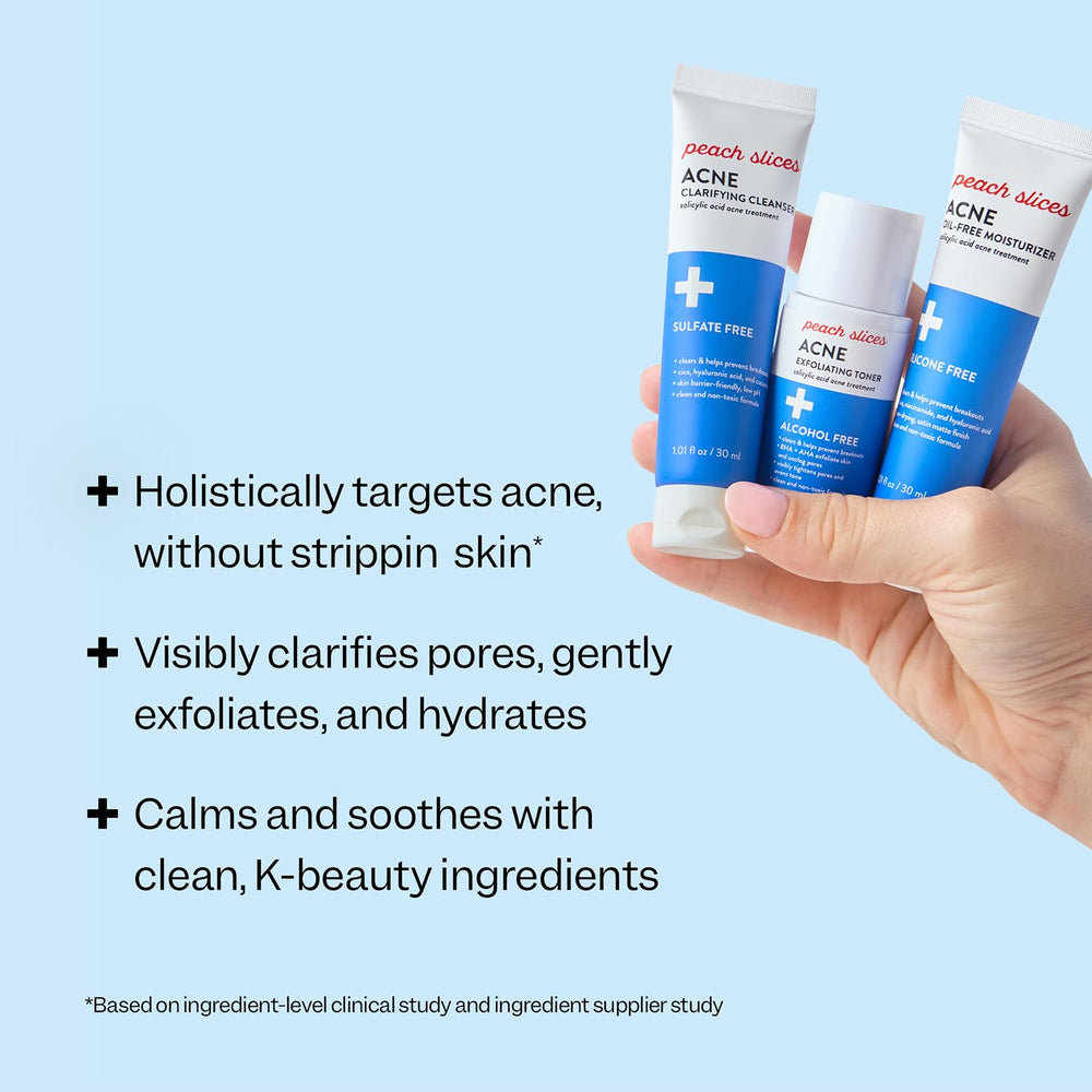 Peach Slices 3-step acne starter kit toner bottle for pore clarification and balanced skin.