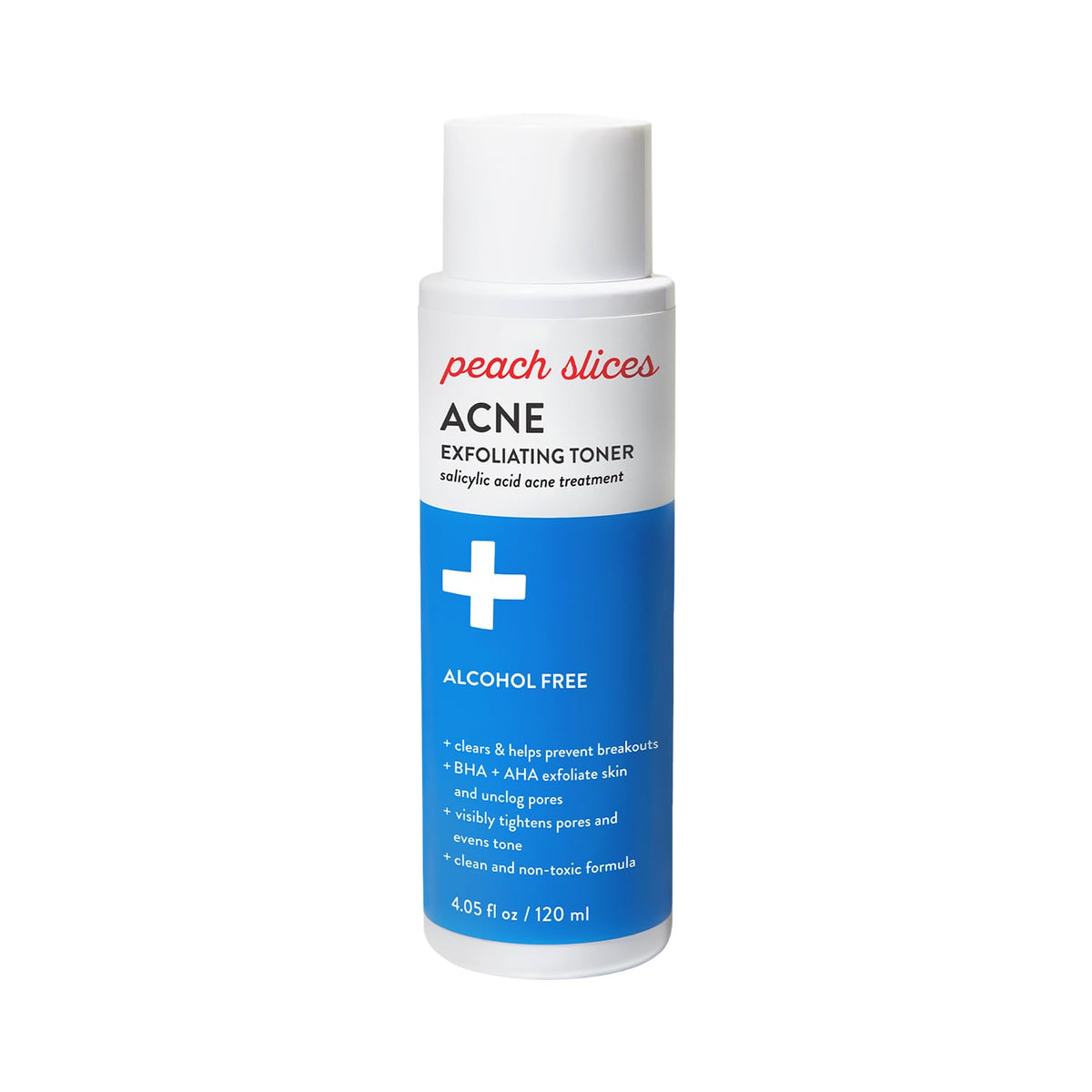 Peach Slices acne toner bottle demonstrating gentle, blemish-control action.