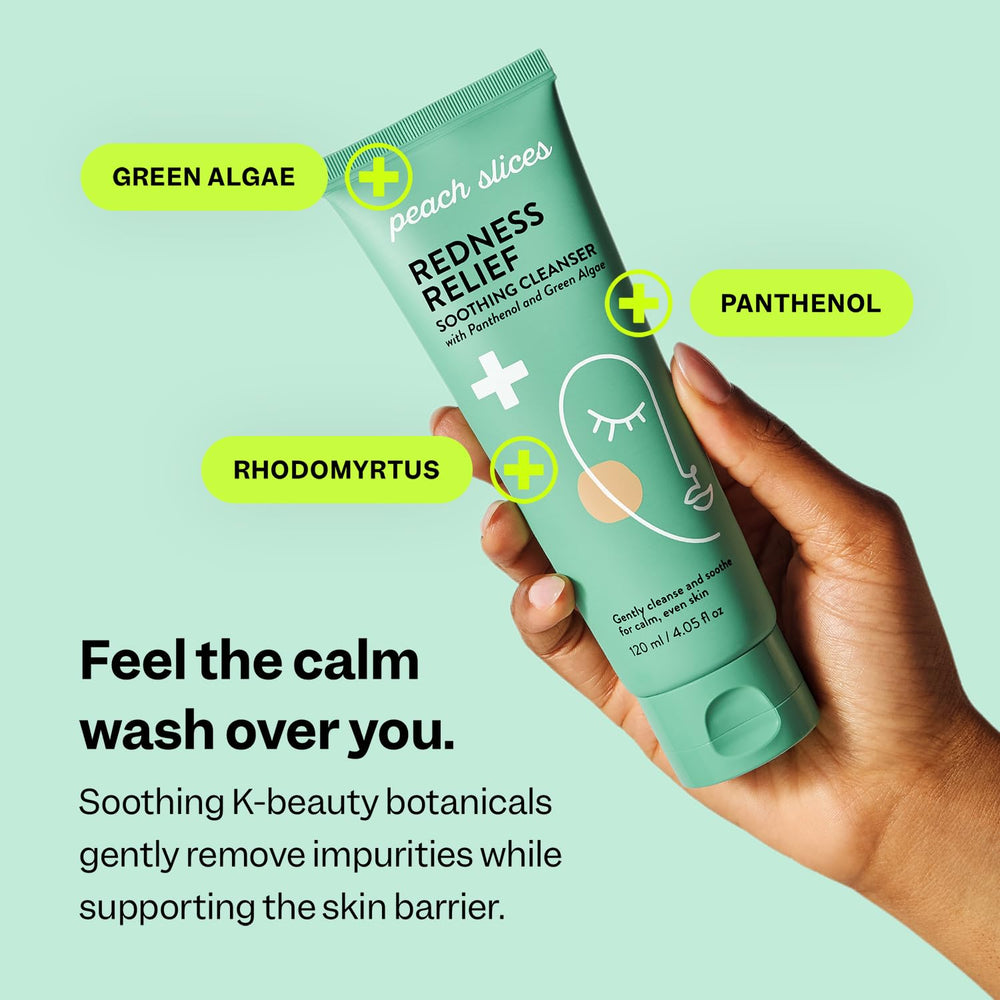 Peach Slices ingredient label highlights panthenol and algae for skin comfort