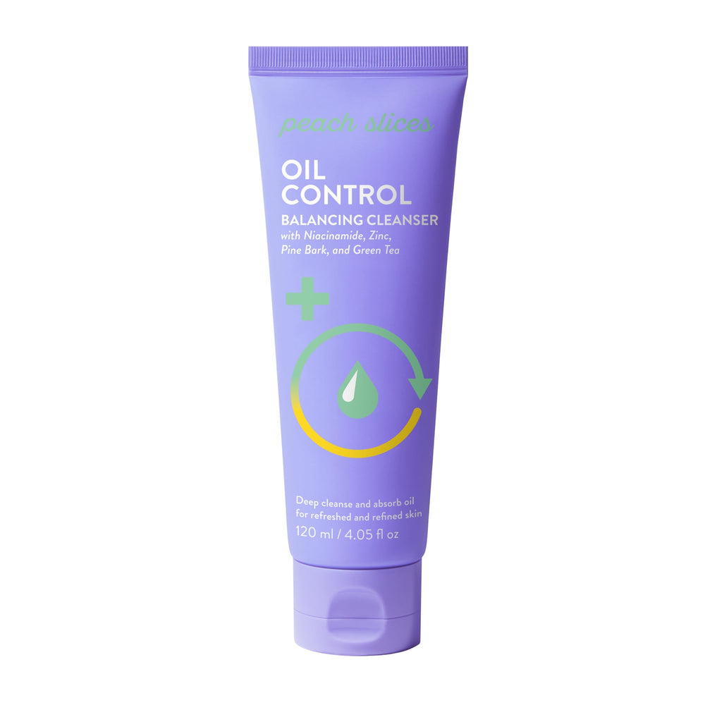 Peach Slices Oil Control Balancing Cleanser bottle pour demonstrates simple daily cleansing for shine management