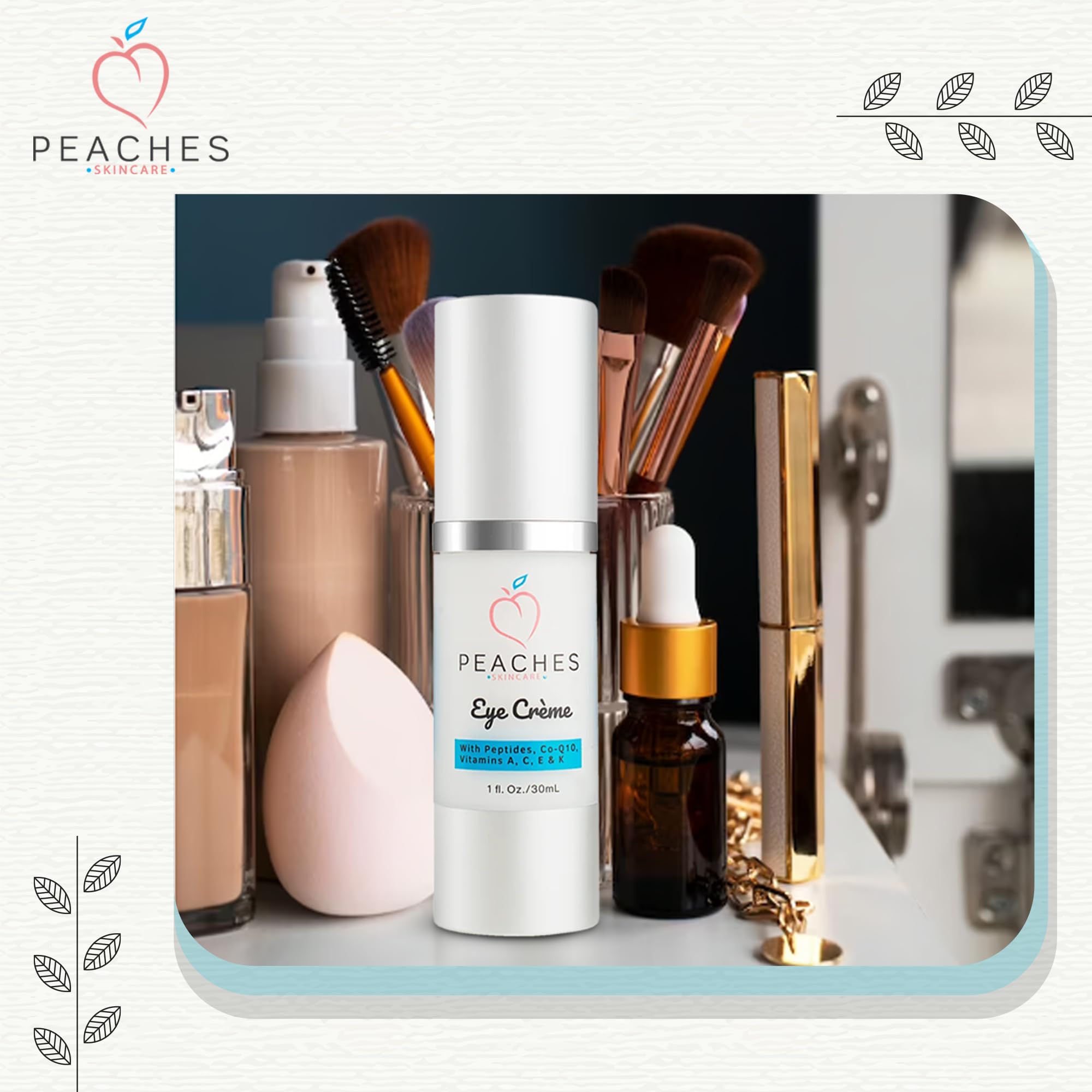 Peaches Skin Care Brand Logo on jar conveys premium eye care