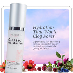 Peaches Skin Care cream texture close-up shows light, non-greasy hydration.