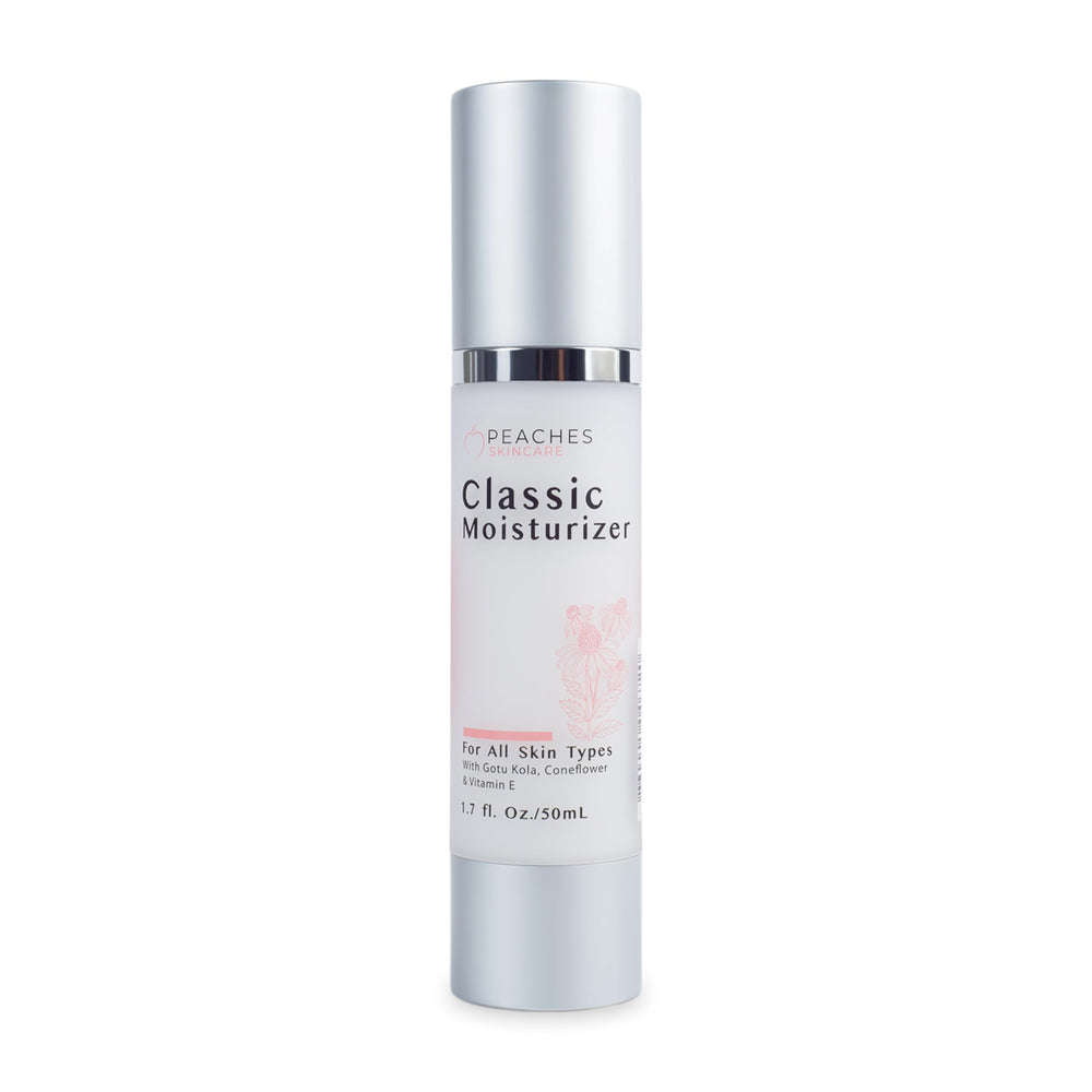 Peaches Skin Care hydrating moisturizer bottle pour for lasting hydration.