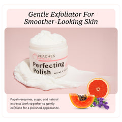 Peaches Skin Care Perfecting Polish jar close-up showing creamy texture.