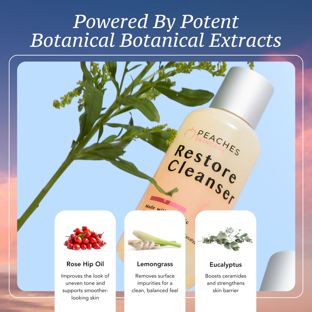 Peaches Skin Care bottle on eco-friendly packaging for mindful routines.