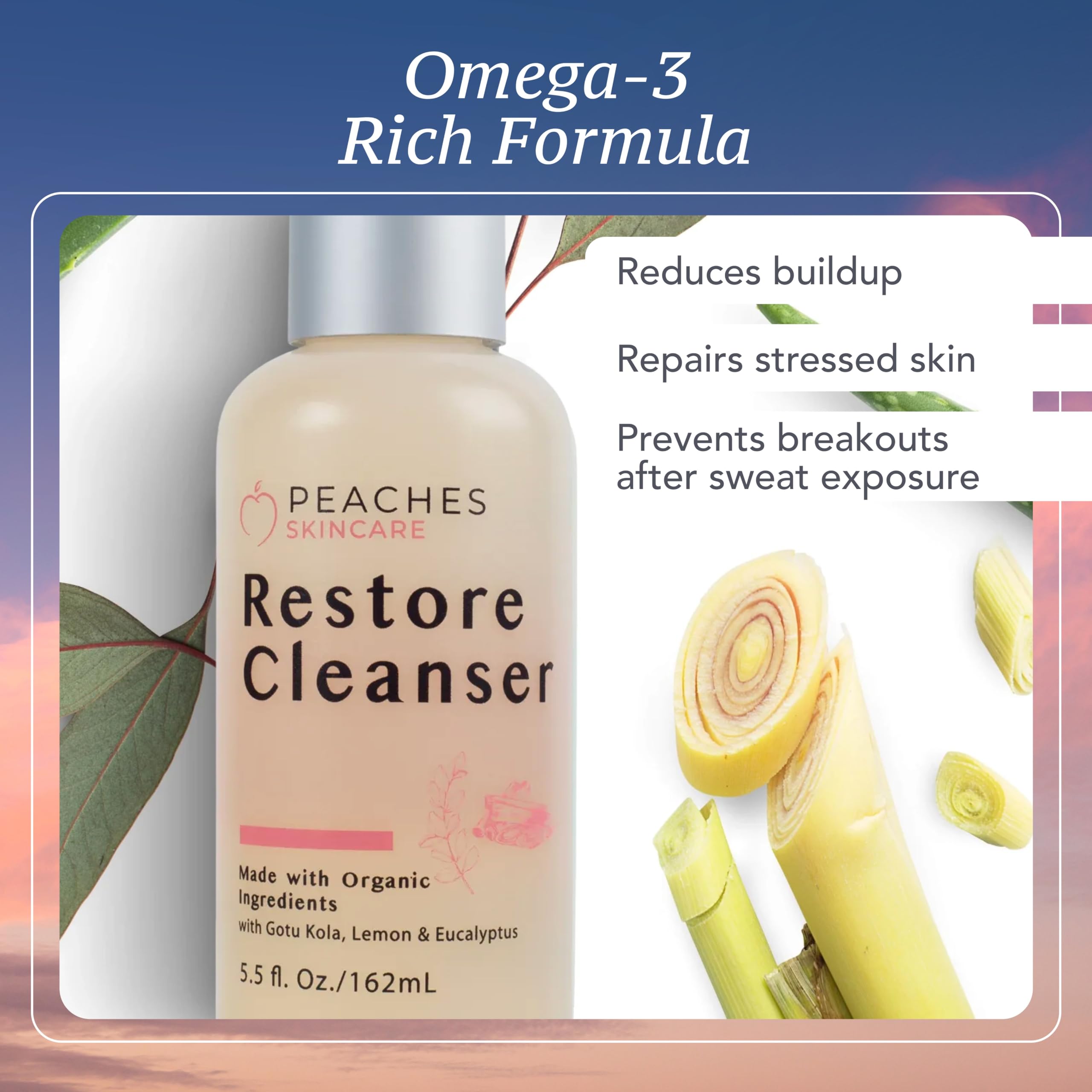 Peaches Skin Care Gotu Kola and lemongrass blend nourishes and refreshes.