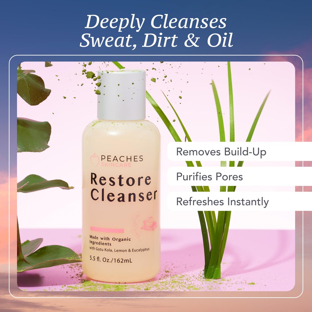 Peaches Skin Care label detail highlights vegan formula and key botanicals.