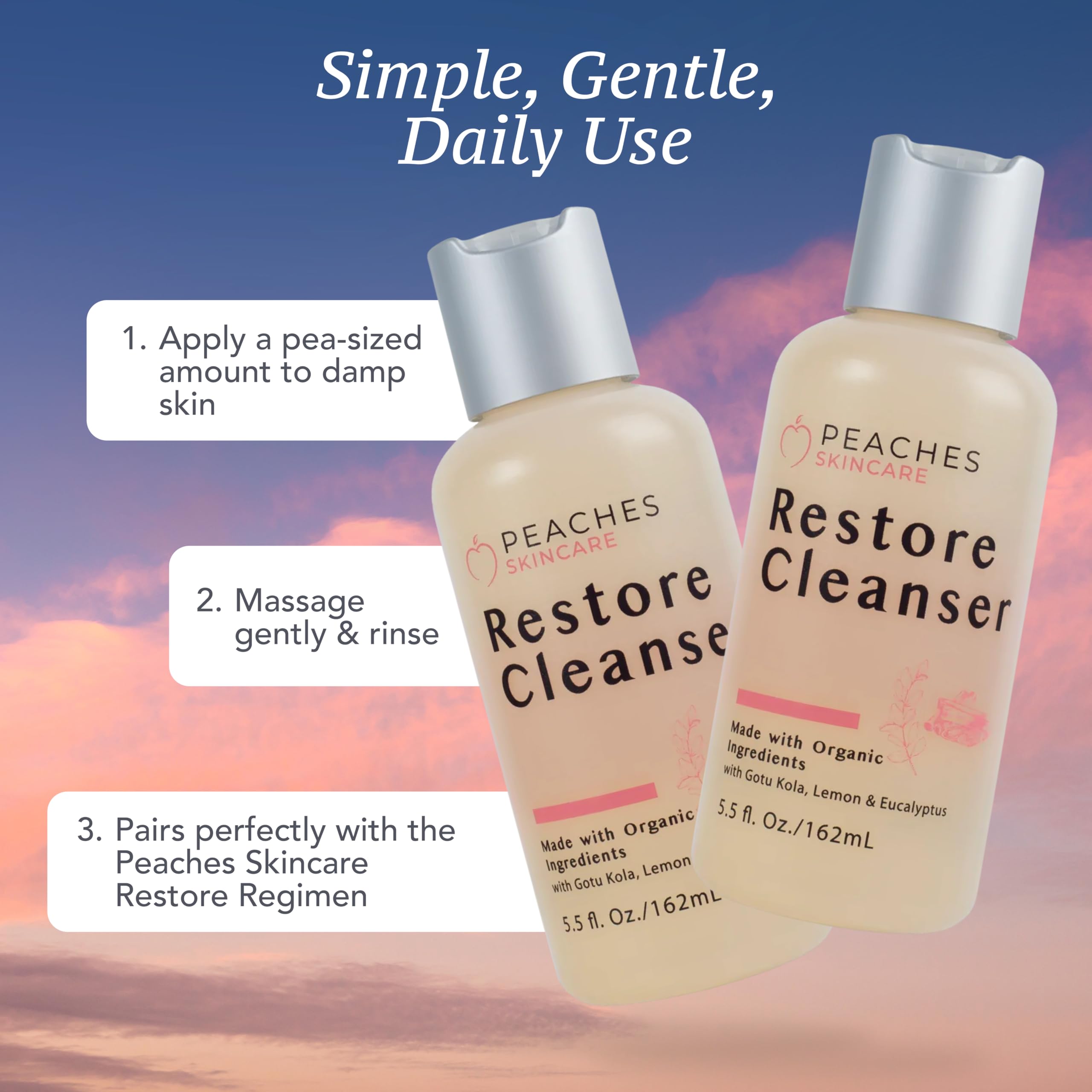 Peaches Skin Care gentle cleanser texture indicates a mild formula for all skin types.