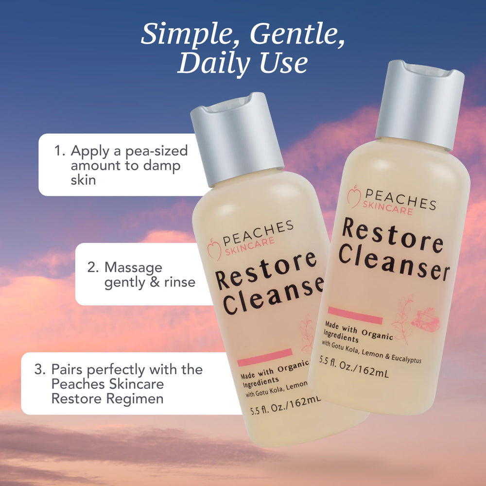 Peaches Skin Care gentle cleanser texture indicates a mild formula for all skin types.