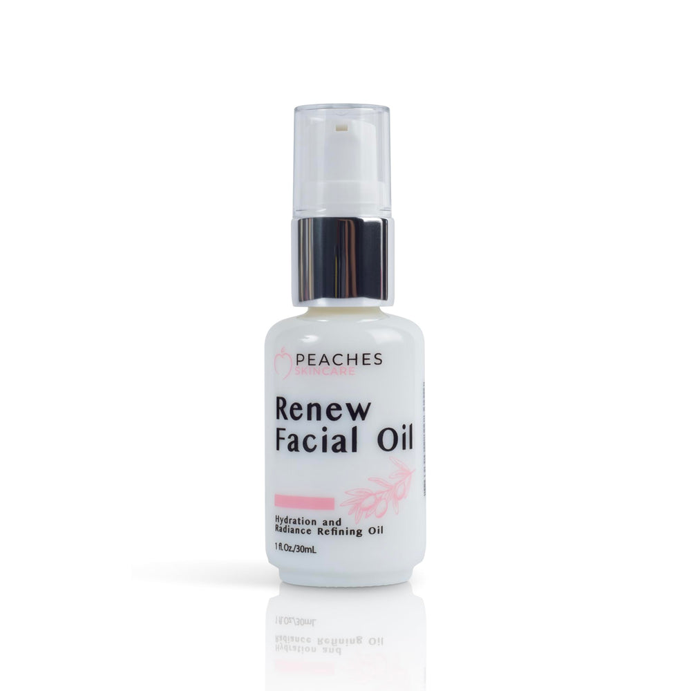 Peaches Skincare Renew Face Oil bottle showing the premium blend for radiant skin