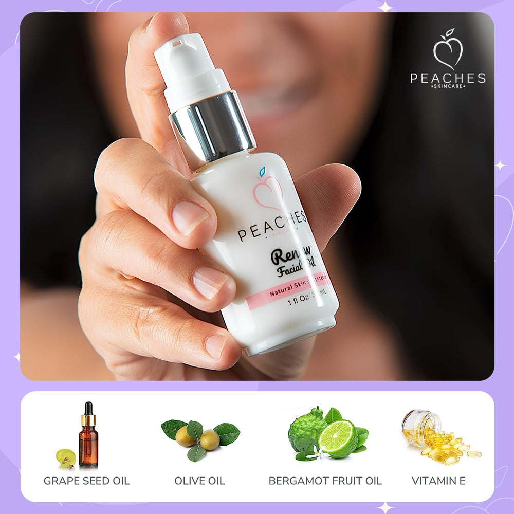 Close-up of Peaches Renew Face Oil label highlighting natural vegan formula