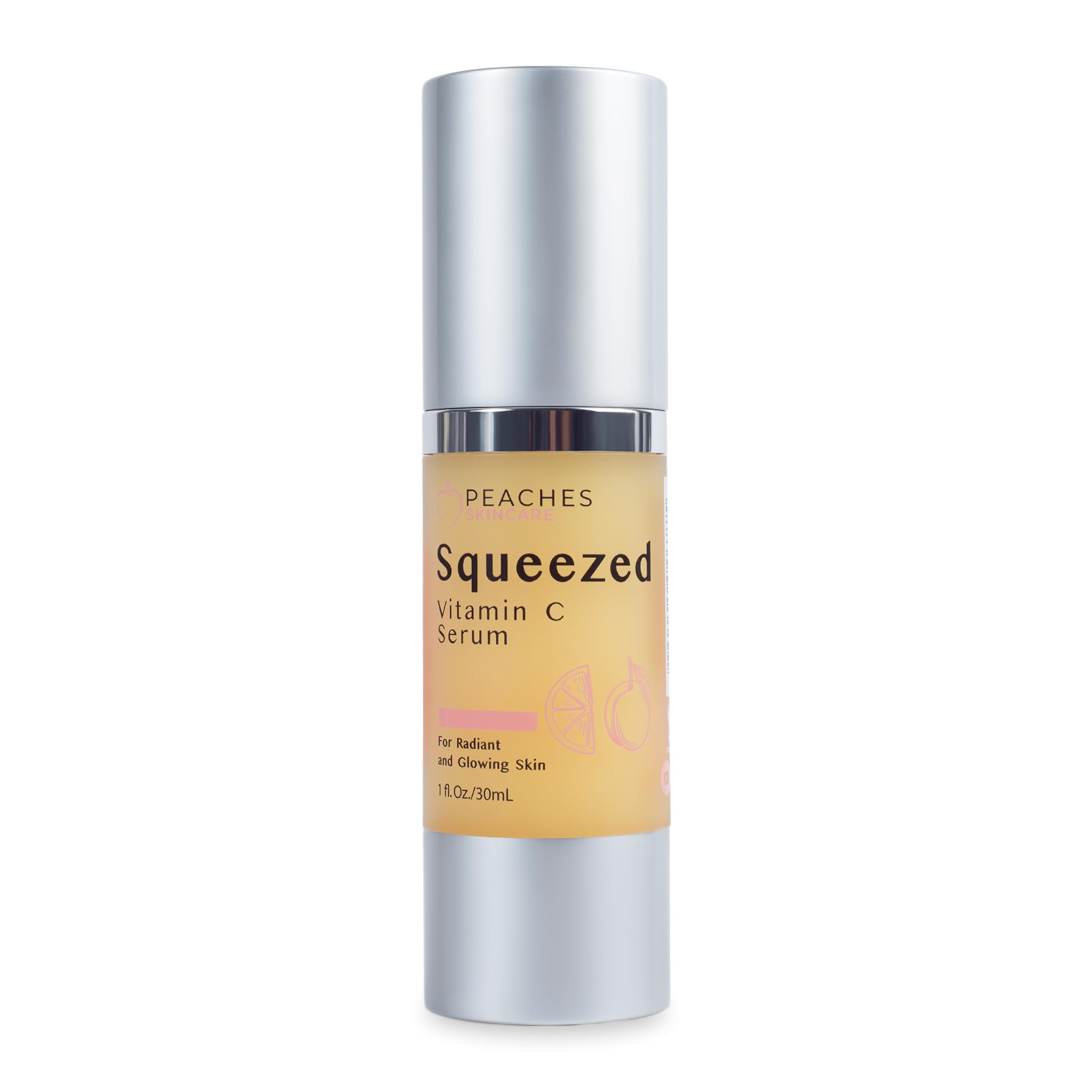 Peaches Skin Care Squeezed Vitamin C Serum bottle closeup showing lightweight texture