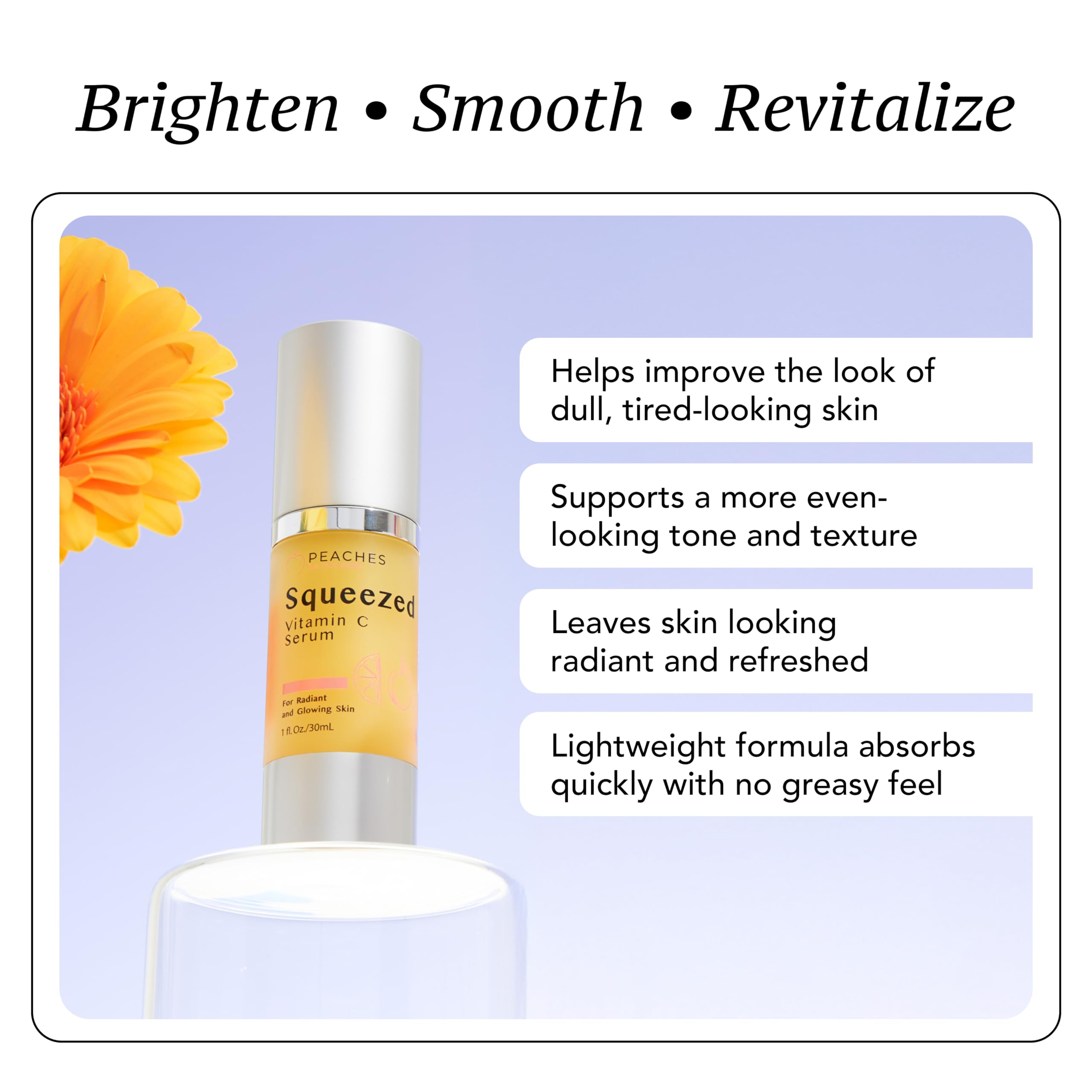 Peaches Skin Care Squeezed Vitamin C Serum droplet on skin demonstrating quick absorption