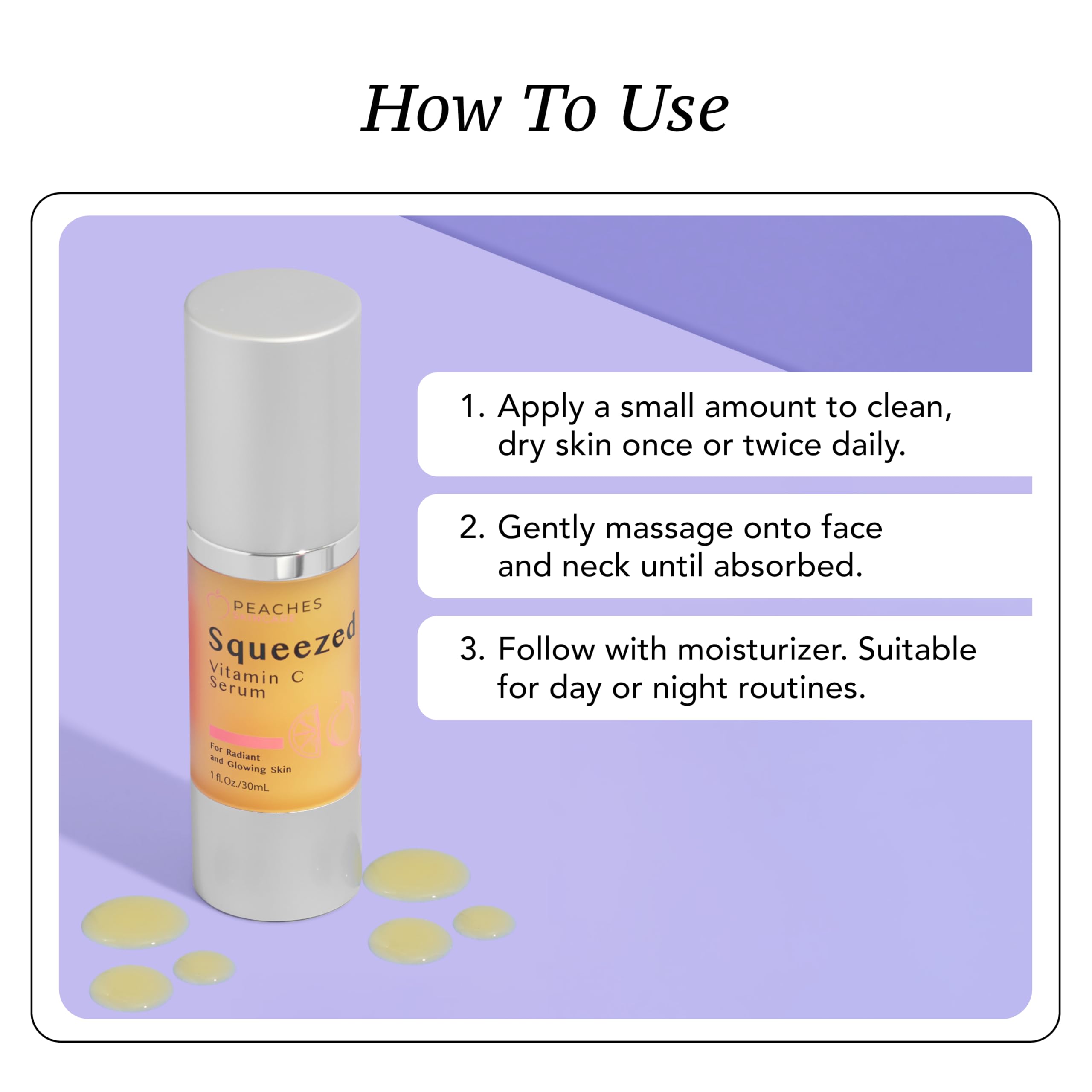 Peaches Skin Care Squeezed Vitamin C Serum hydrating texture for soft, refreshed skin