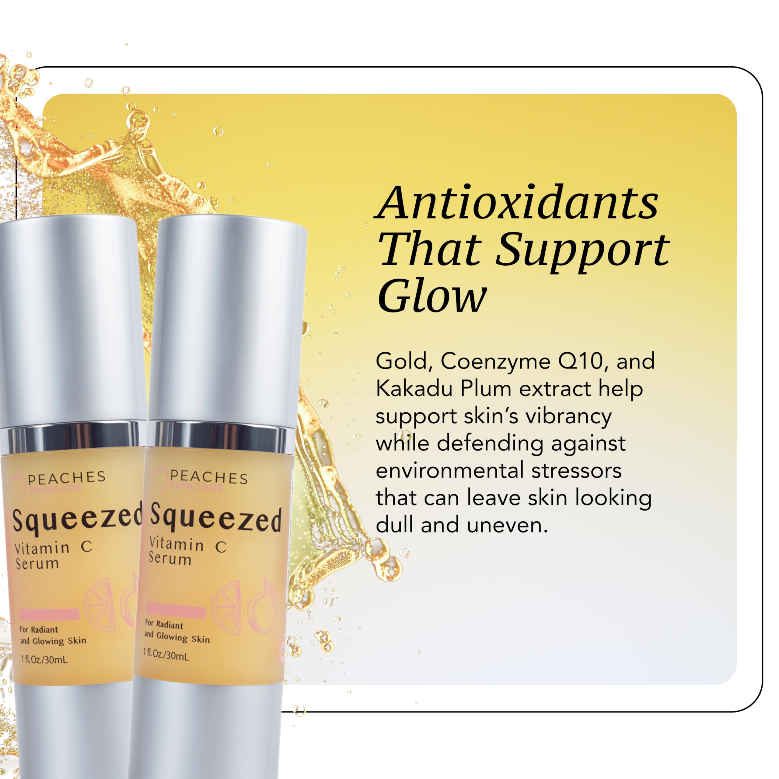 Peaches Skin Care Squeezed Vitamin C Serum uneven tone illustration suggesting clearer complexion