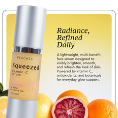 Peaches Skin Care Squeezed Vitamin C Serum with gold particles highlights luxurious formula