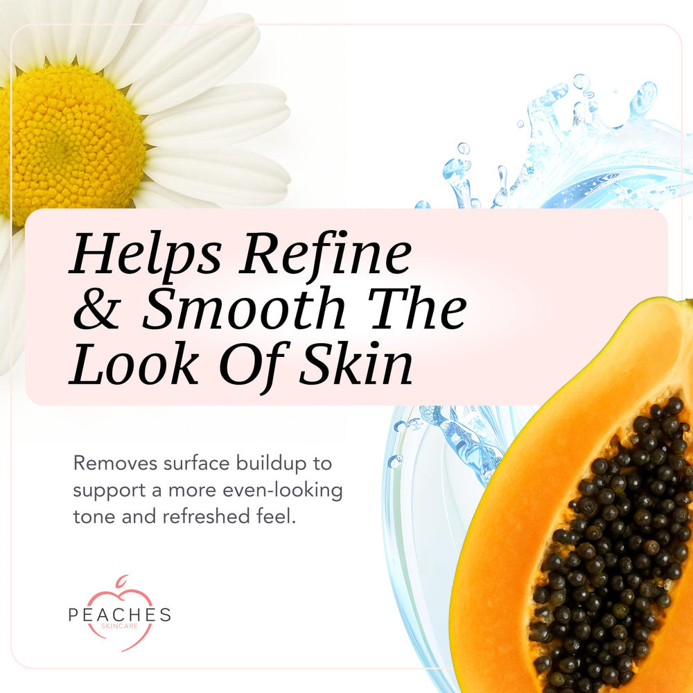 Peaches Skin Care exfoliant sugar-milk-papain texture for gentle skin refinement.