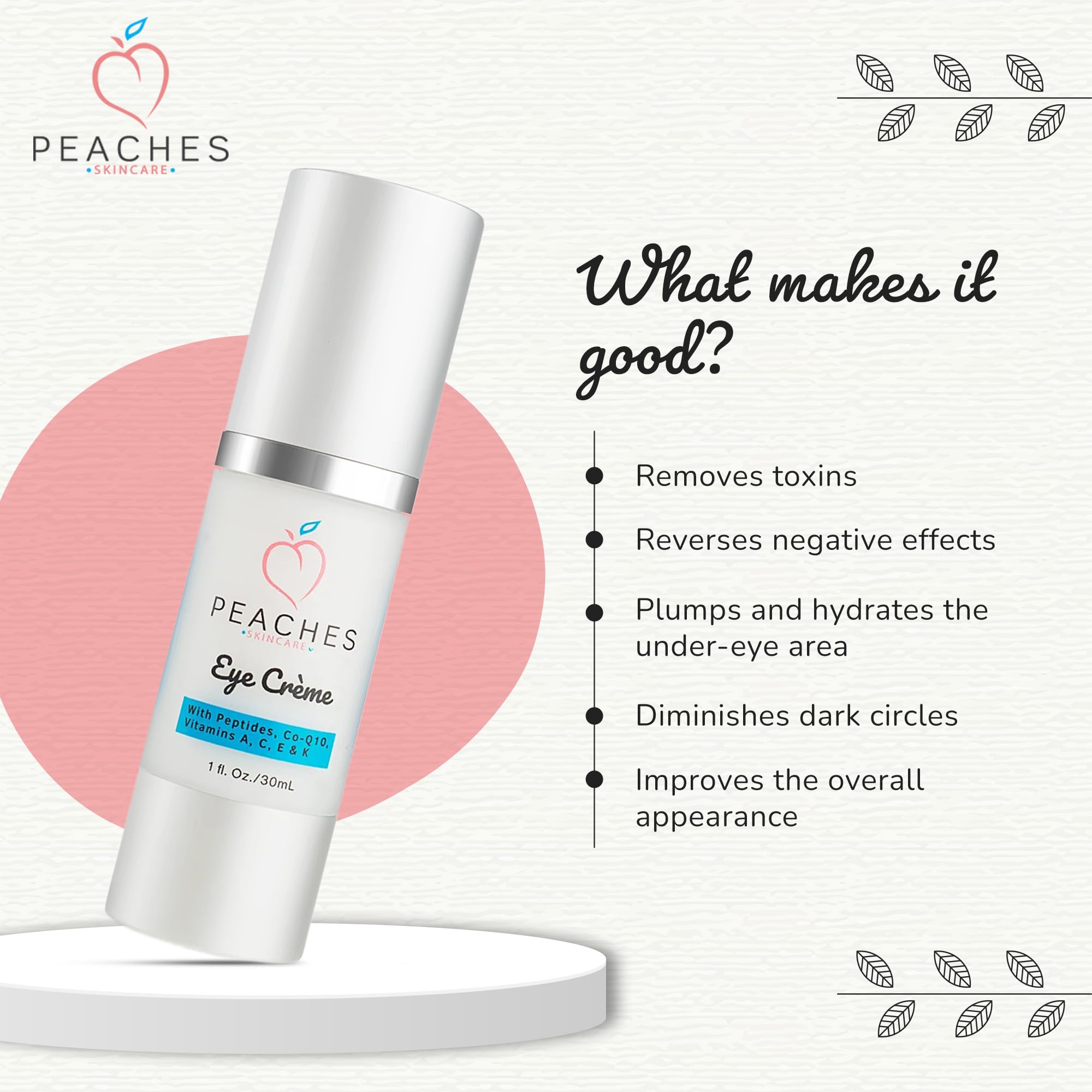 Peaches Skin Care Under Eye Cream application dots illustrate gentle patting technique