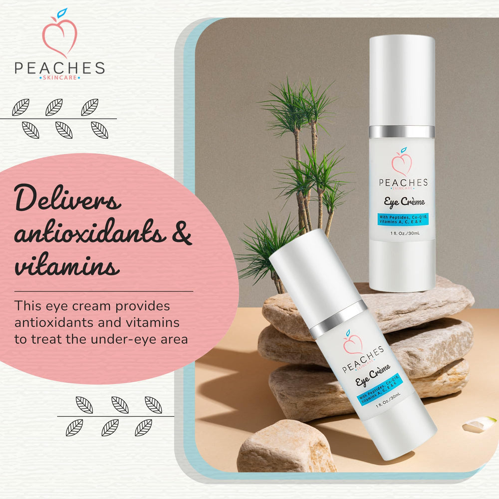 Peaches Skin Care Under Eye Cream packaging front view highlights vegan formula