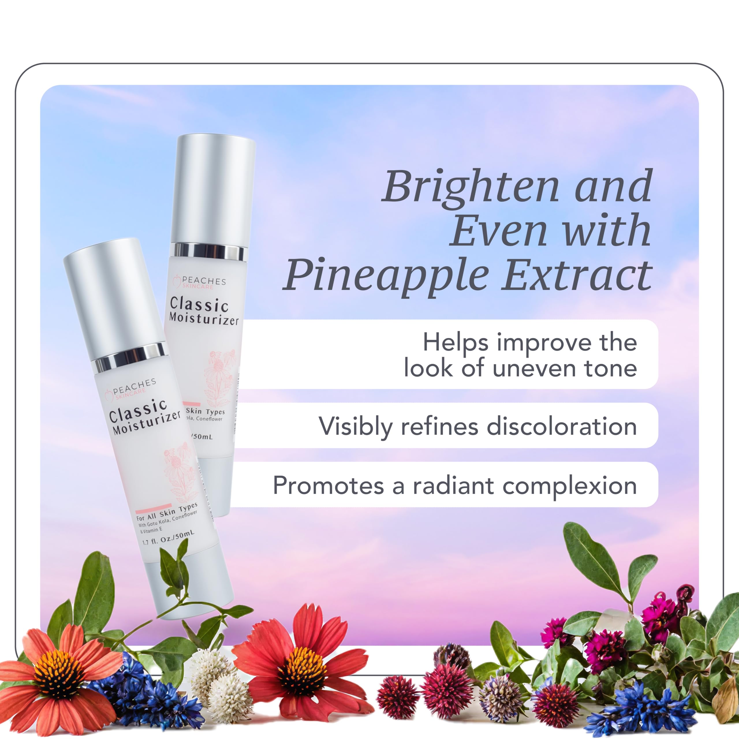 Peaches Skin Care vegan ingredients label emphasizes plant-based hydration.