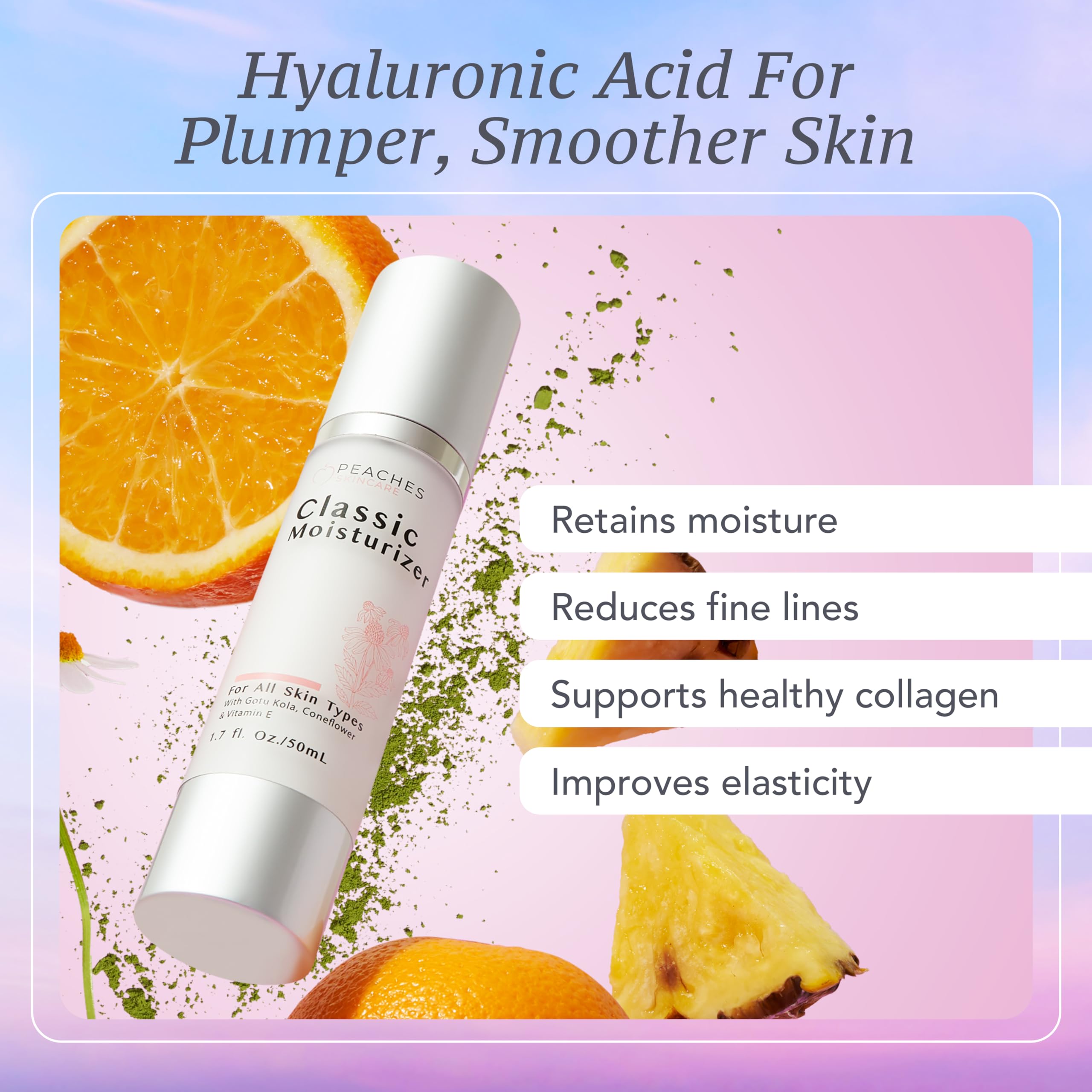 Peaches Skin Care vitamin E component highlights nourishing properties.