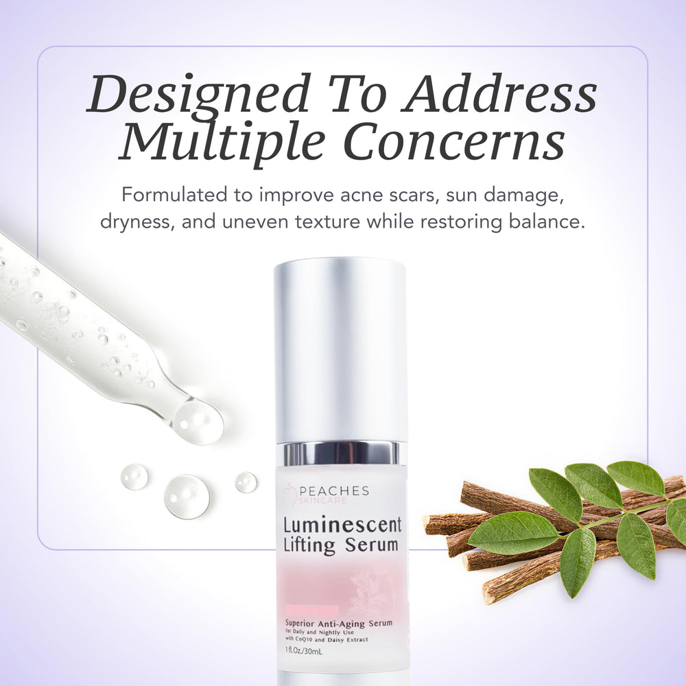 Peaches Luminescent Serum ingredients visual with licorice leaf and daisy extracts.