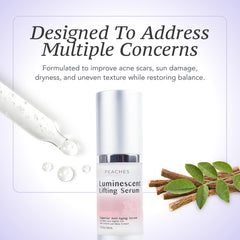 Peaches Luminescent Serum ingredients visual with licorice leaf and daisy extracts.