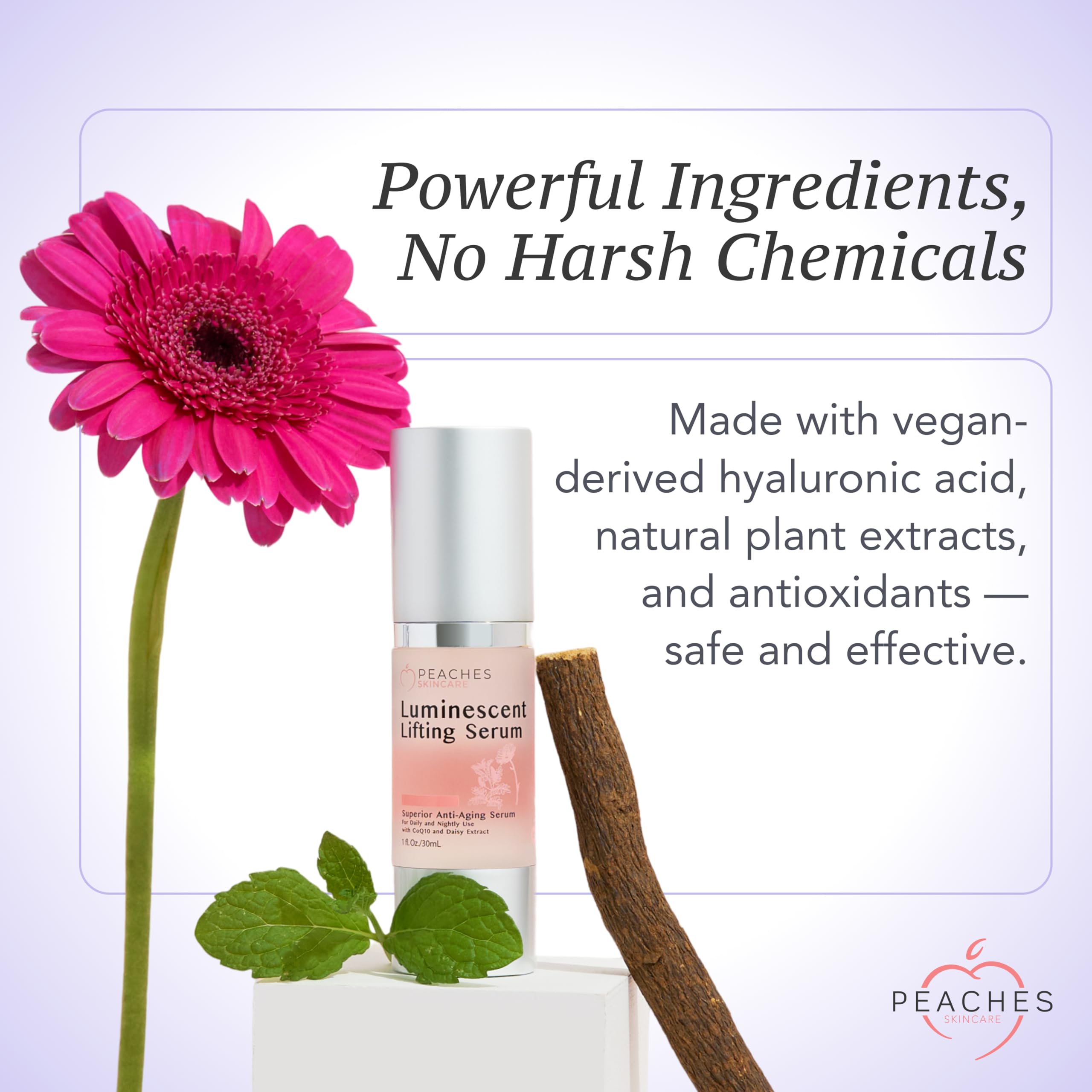 Peaches Luminescent Serum packaging box highlighting vegan credentials.