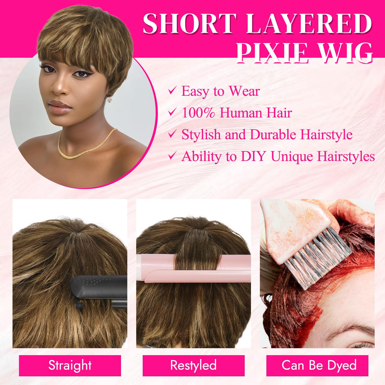 PEACOCO Pixie Cut Wig bangs feature for face-framing softness and edge.
