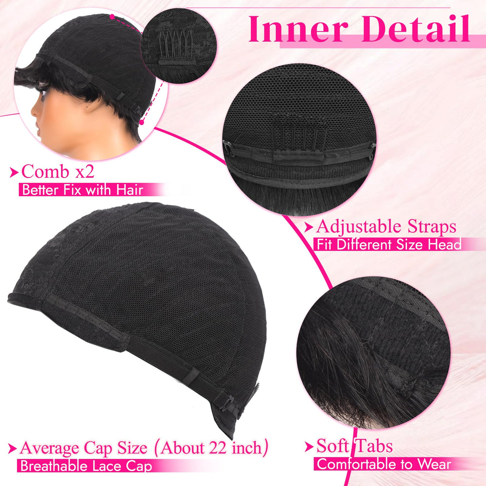PEACOCO Pixie Cut Wig glueless cap inside demonstrates secure, adjustable fit.