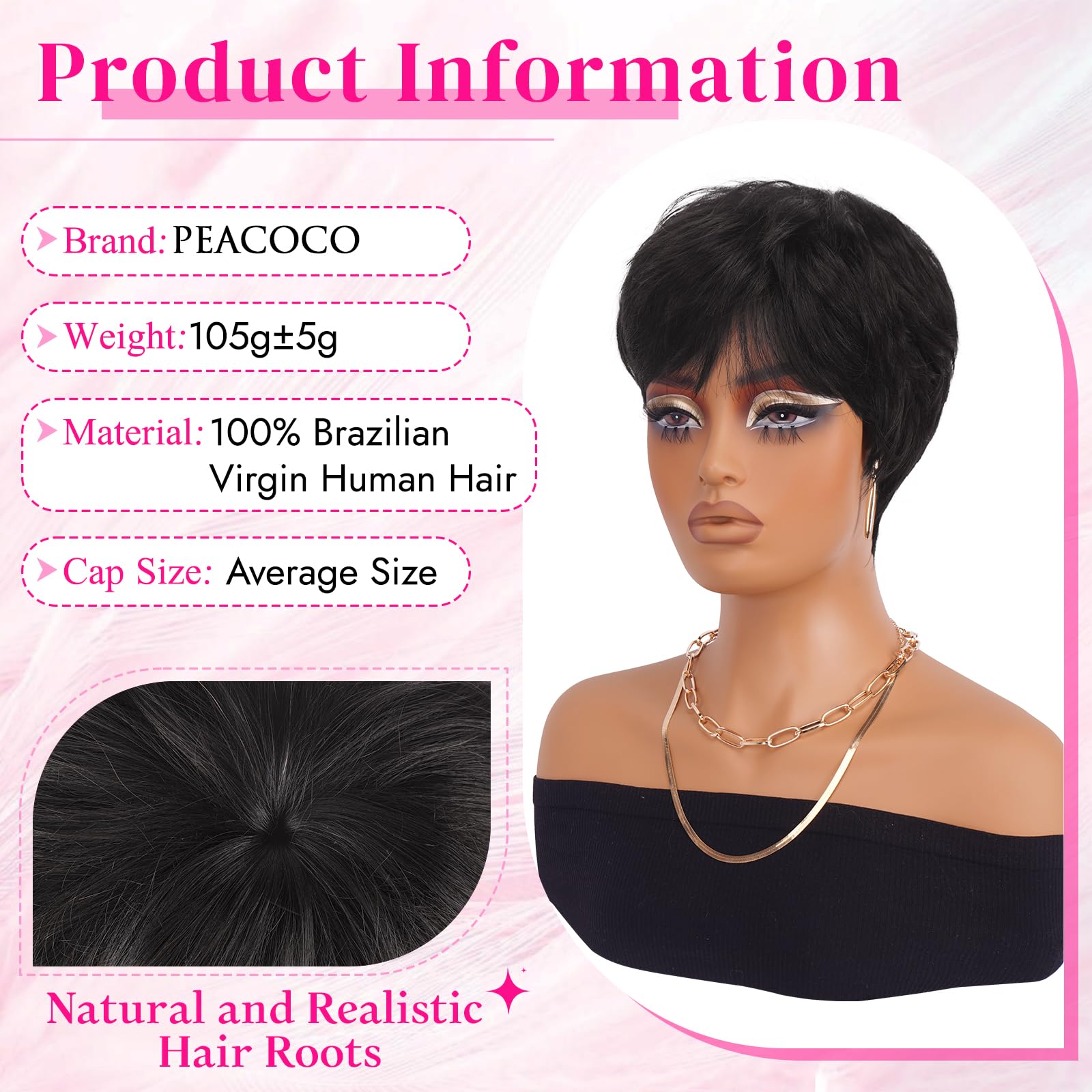 PEACOCO Pixie Cut Wig texture closeup highlights silky virgin hair and smooth surface.