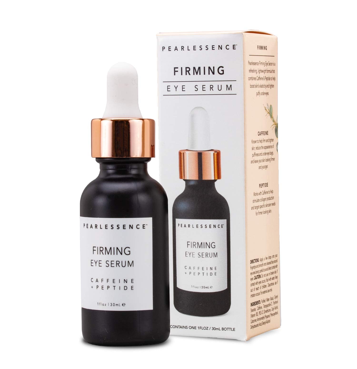 Pearlessence Firming Eye Serum ingredients caffeine peptides illustrated on label