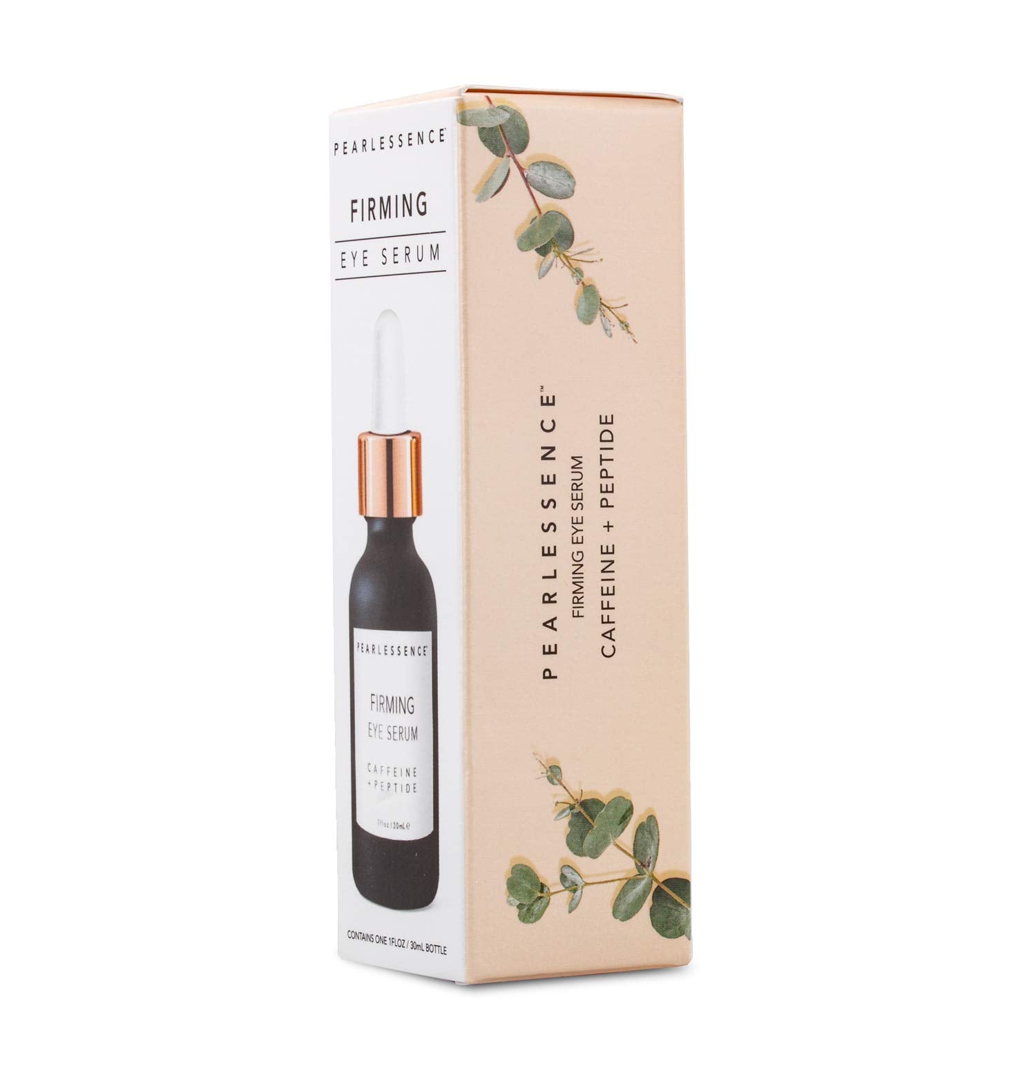 Pearlessence Firming Eye Serum label close-up showing USA-made and vegan claims