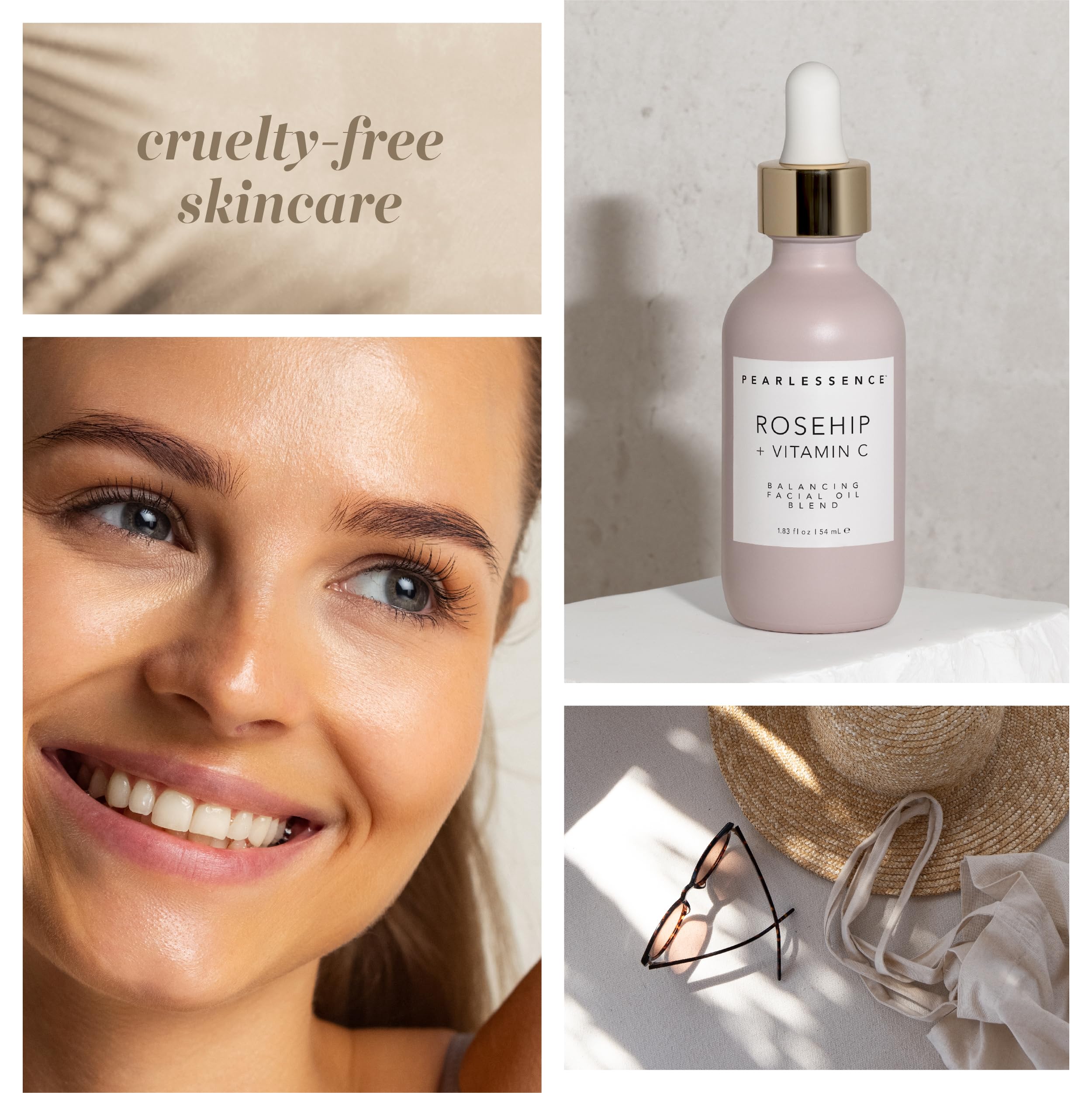 Pearlessence Rosehip Fruit Oil with vitamin C imagery suggests brightening benefits