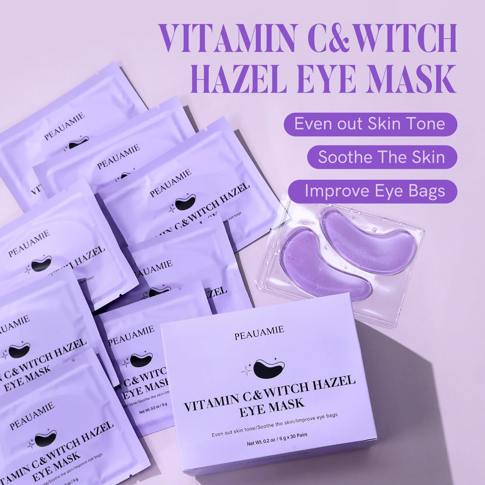 PEAUAMIE patches applied under eyes during a relaxing routine for tired eyes.