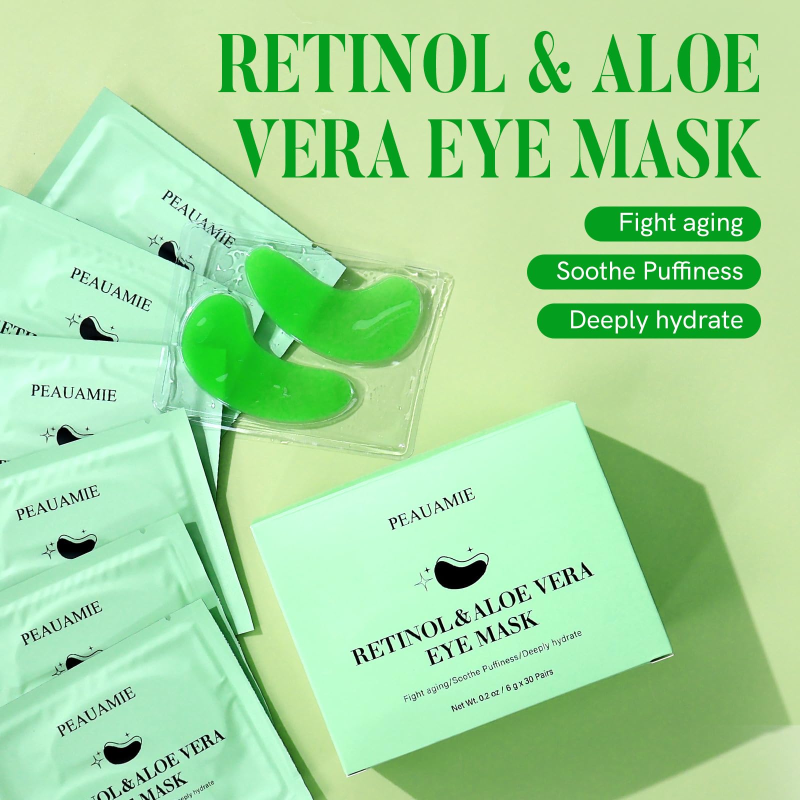 Peauamie under-eye patches retinol and aloe close-up showing gel essence.