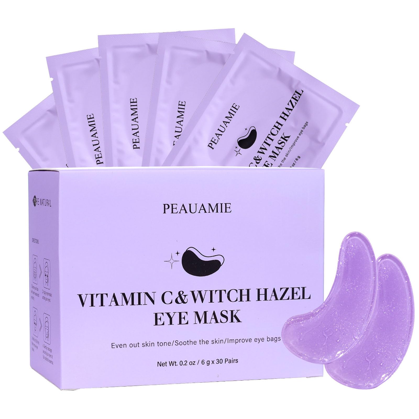 PEAUAMIE under eye patches close-up showing Vitamin C and Witch Hazel for brightening.