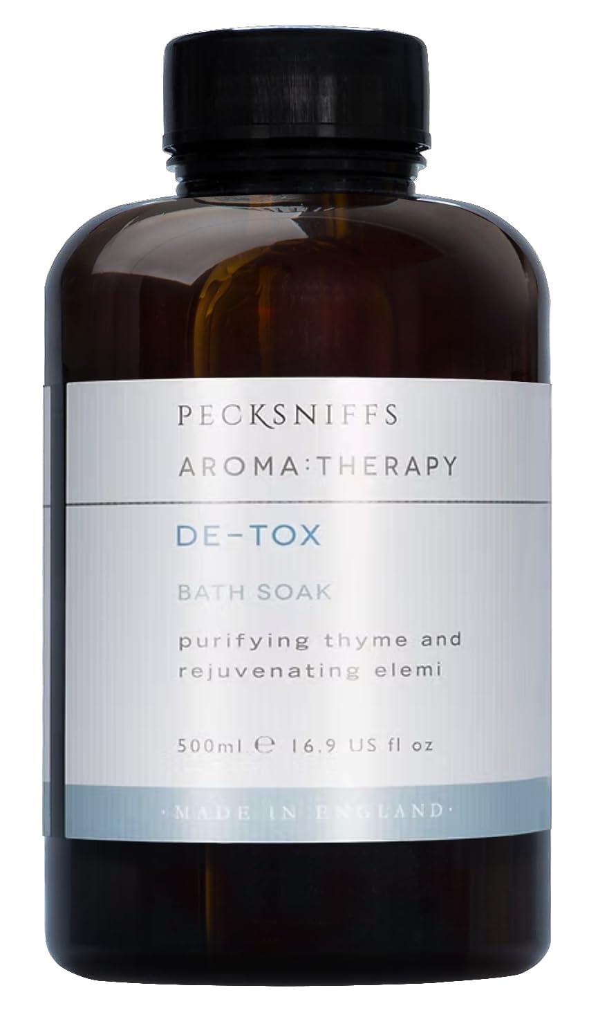 Pecksniff's Aroma Therapy De-Tox bath soak bottle in a 500ml decanter for calming rituals