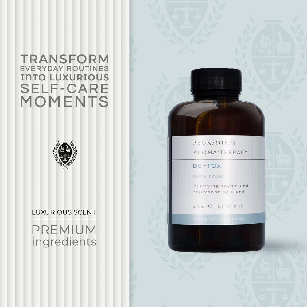 Pecksniff's Aroma Therapy De-Tox bottle, close-up of elegant packaging and serene scent