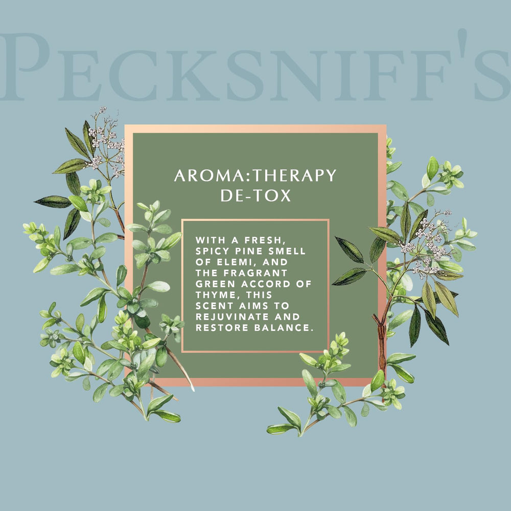 Pecksniff's Aroma Therapy De-Tox bath soak on shelf displays elegant decanter