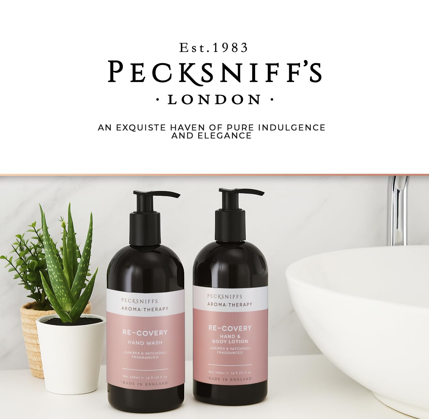 Overall Pecksniff's Aroma Therapy Recovery set exudes premium bathroom decor.