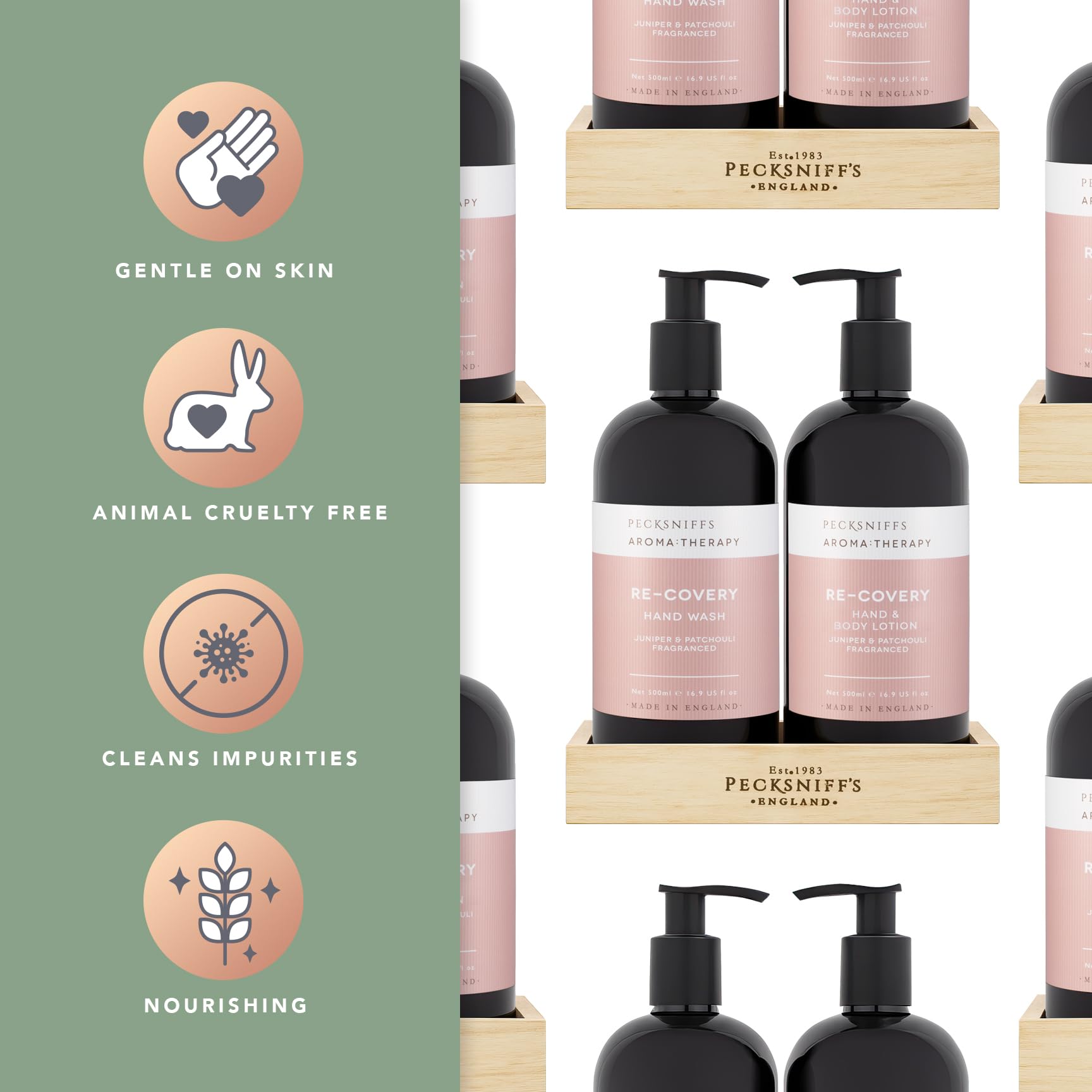 Pecksniff's Aromatherapy Recovery hand lotion pump bottle for moisturized skin.