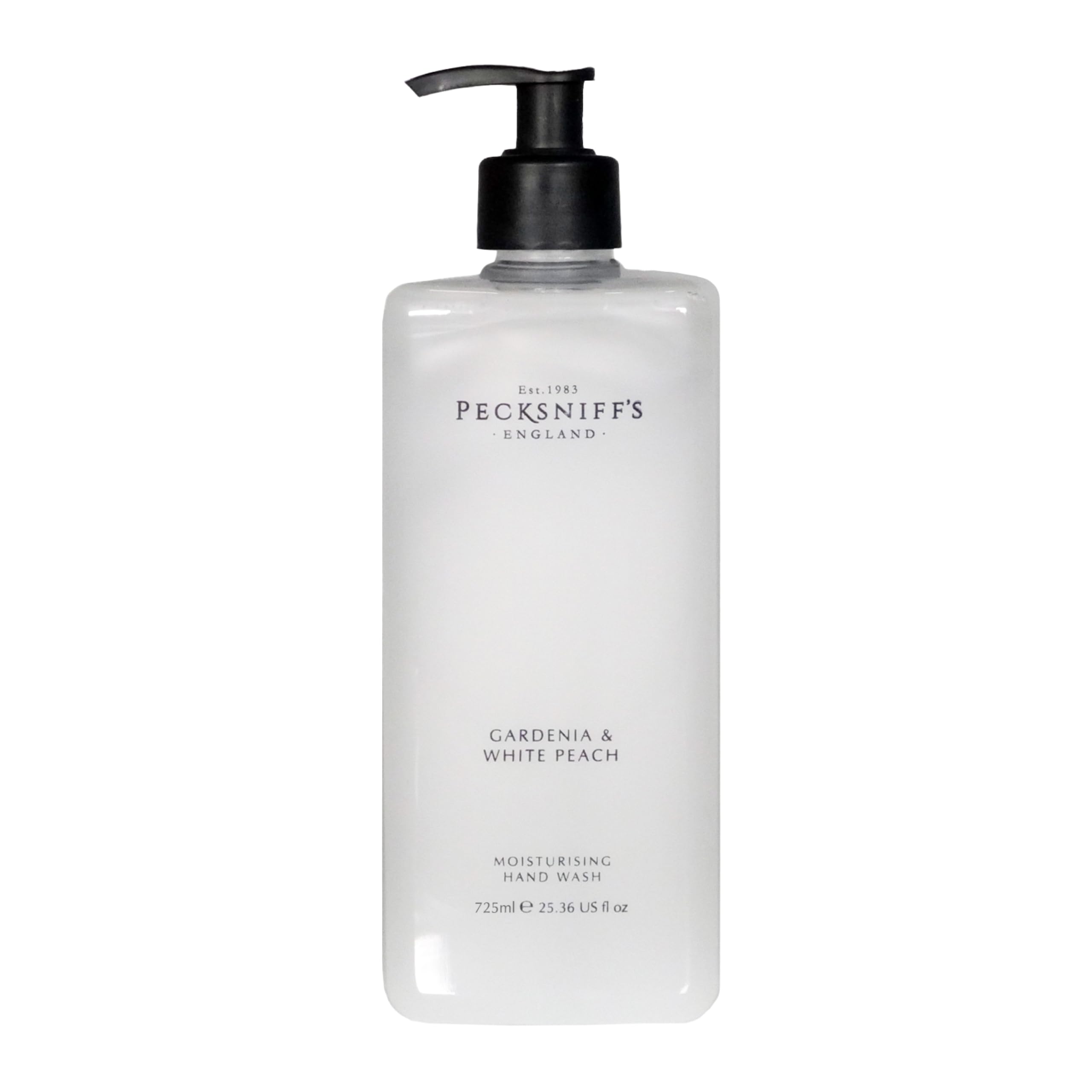Pecksniff's Gardenia & White Peach hand wash bottle with luxurious fragrance.