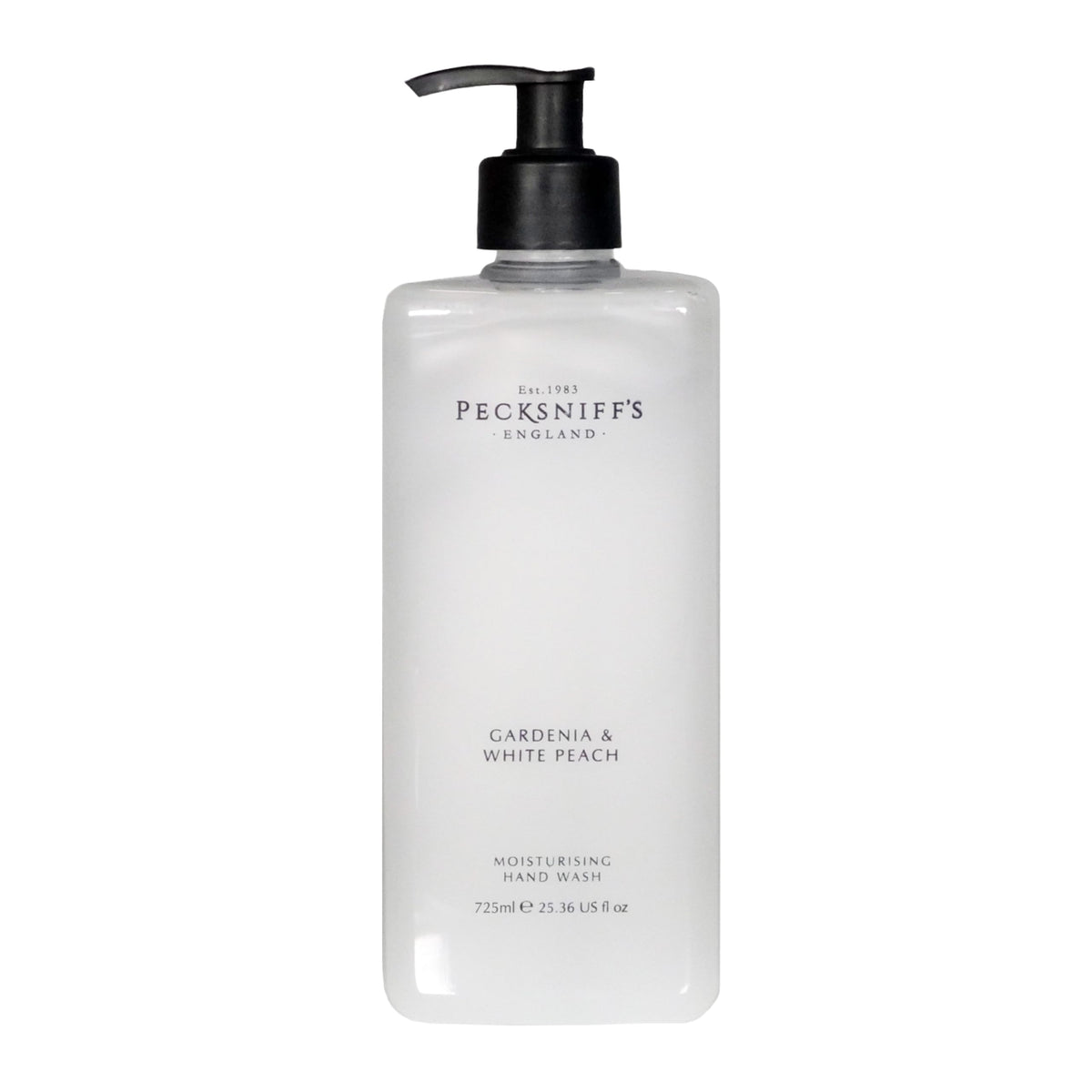 Pecksniff's Gardenia & White Peach hand wash bottle with luxurious fragrance.